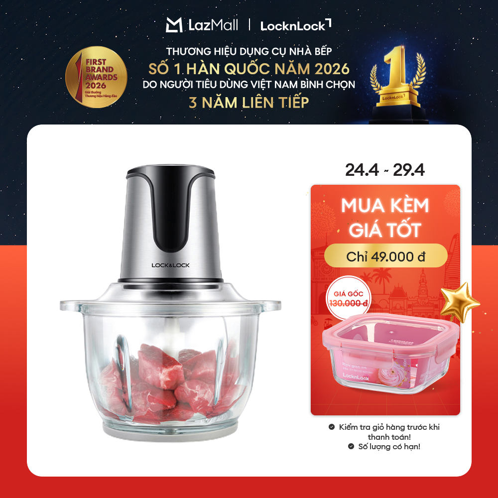 EJM171 - Máy xay thịt đa năng LockLock 2L 300W - Cối thủy tinh, Lưỡi dao kép thép không gỉ, 2 cấp độ xay - chính hãng - Bảo hành 2 năm