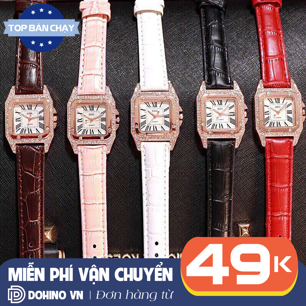 Đồng hồ thời trang nữ DZG D155.DOHINO mặt vuông đính đá chạy 3 kim xinh xắn dây da cao cấp chống nước nhẹ