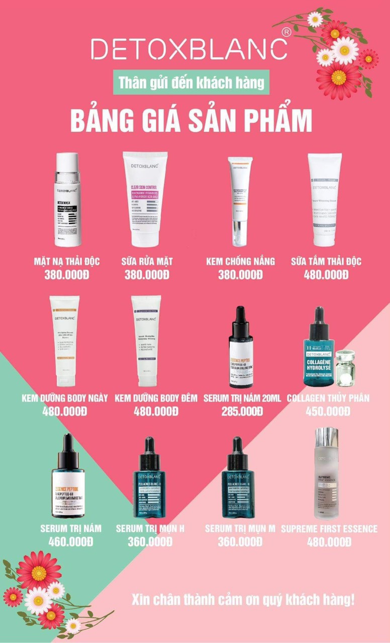 Bộ sản phẩm detoxblanc chính hãng gồm : mặt nạ thải độc / srm sinh học / sữa tắm thải độc / serum trị nám 40ml / serum thủy phân / serum trị mụn m / toner tinh chất dưỡng trắng.