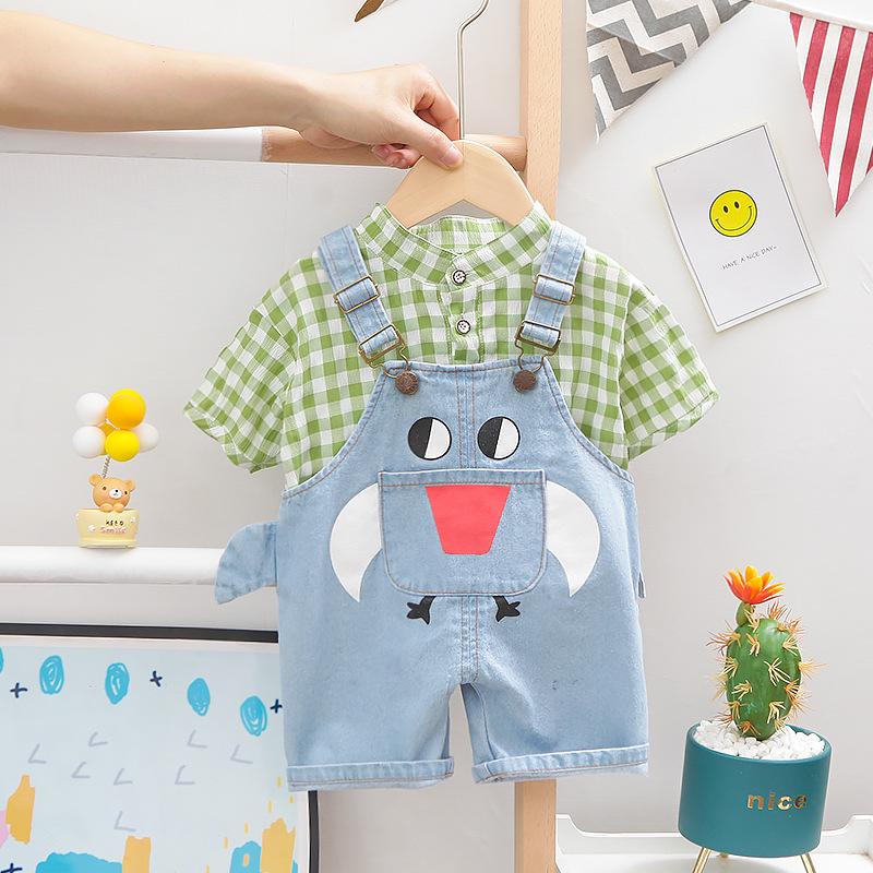 Set bộ công tử yếm jean hình voi kèm sơ mi kẻ cực xinh cho bé trai