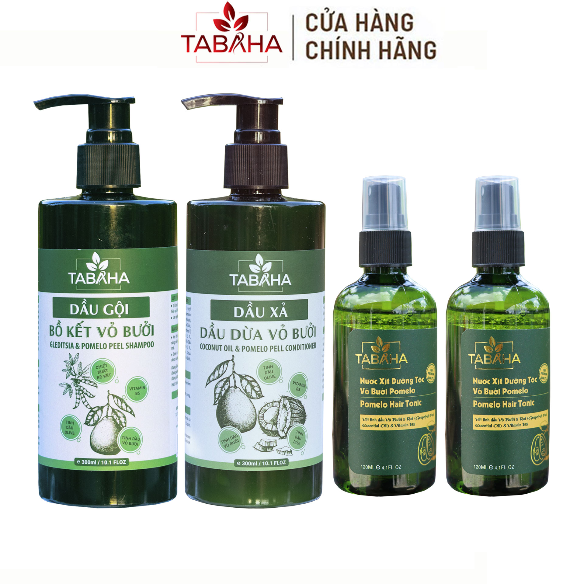 Combo Dầu Gội Dầu Xả Và 2 Xịt Dưỡng Tóc Bồ Kết Vỏ Bưởi Tabaha Cho Tóc Rụng, Tóc Khô, Mọc Tóc Nhanh
