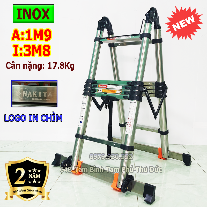 Thang nhôm rút đôi Nakata, thang inox rút đôi Nakita (Chữ A: 1,9m; Chữ I: 3,8m) Thang rút có khóa gấp tự động. Bảo hành 2 năm