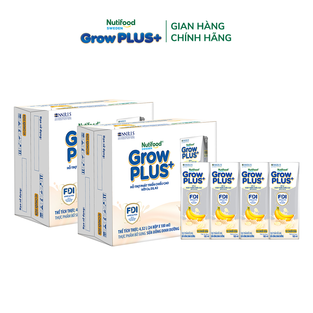 Combo 2 Thùng 24 hộp Sữa nước pha sẵn Nutifood Sweden GrowPLUS+ Vị Chuối Sữa hộp 180ml - Hỗ trợ phát triển chiều cao