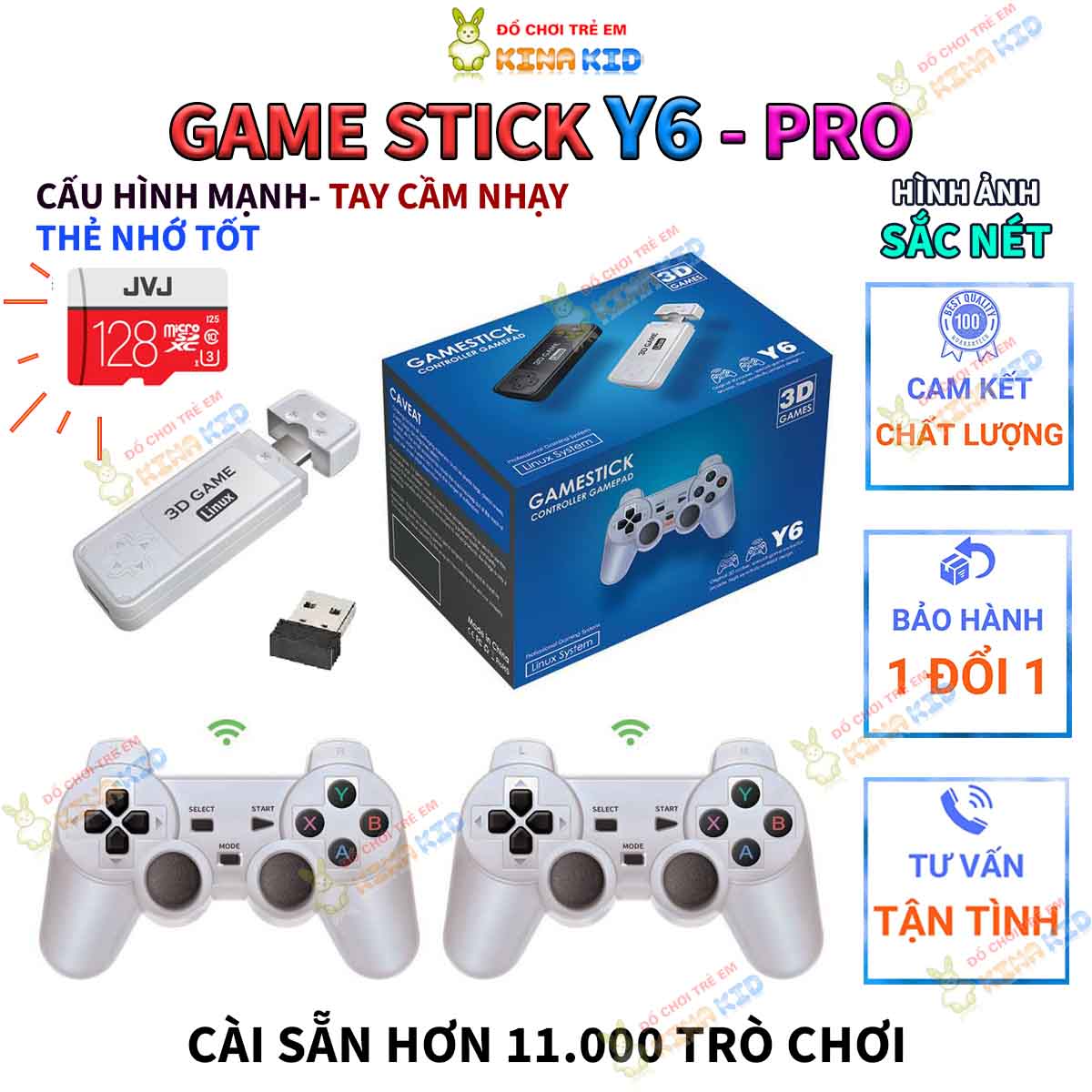Máy chơi game Stick Y6 pro (thẻ JVJ 128G) Tay Cầm Không Dây Tốt, Kết Nối Tivi, Cổng HDMI, Chơi game PSP 4k - kinakid