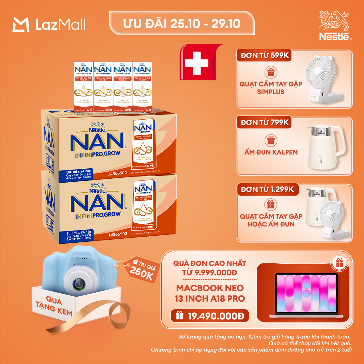 [CHỈ 25-29.10 QT ĐƠN 599K/799K/1299K] [Tặng máy chụp ảnh] Combo 2 Thùng 24 hộp sữa pha sẵn Nestle NAN INFINIPRO GROW với công thức vượt trội kết hợp sữa A2 và HMO hỗ trợ tiêu hóa, đề kháng và phát triển thể chất (4x180ml)