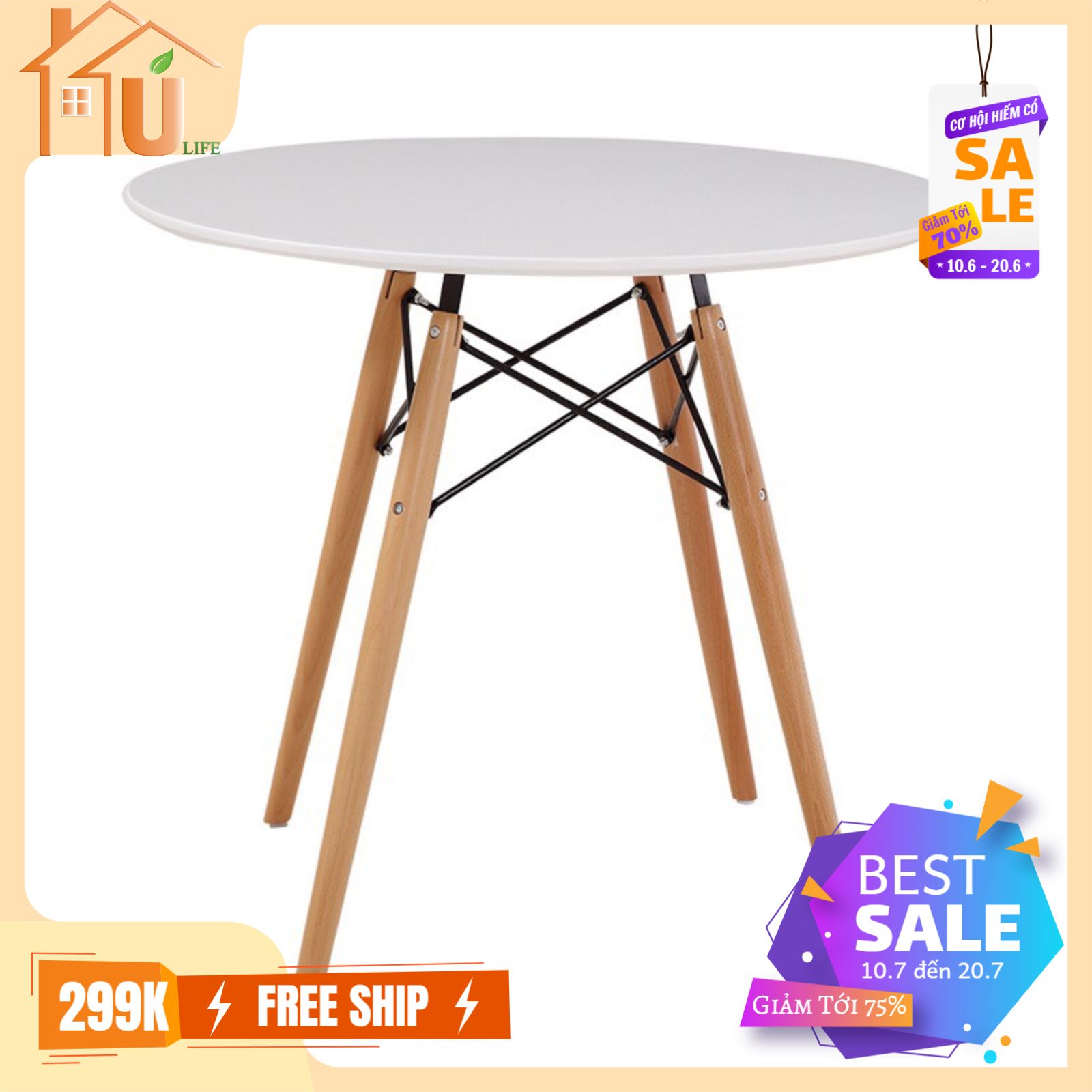 Bàn tròn Eames chân đan , mặt gỗ phủ composite cao cấp , Phong cách Scandinavian