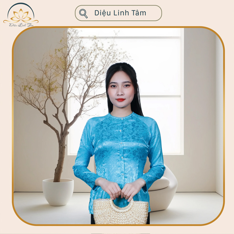 Áo Bà Ba Màu Xanh Nhạt Truyền Thống Lụa Gấm Diệu Linh Tâm Áo Lẻ Hoa Văn Có Khoá Kéo Sau Lưng ATT00