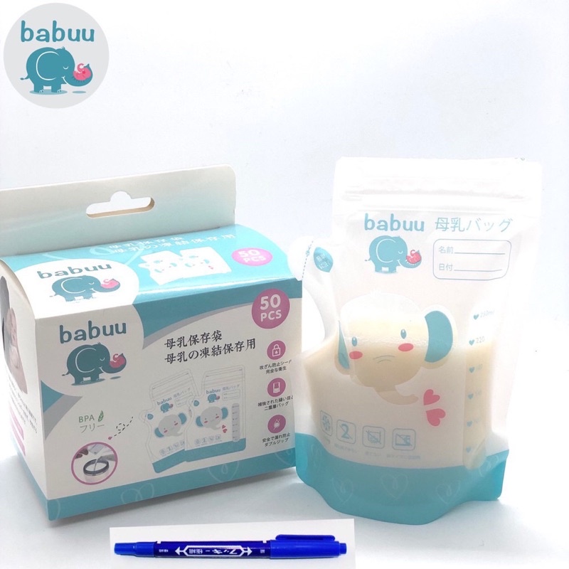 Hộp 50 túi trữ sữa Babuu Baby 250ml có vòi Nhật Bản - tặng kèm bút