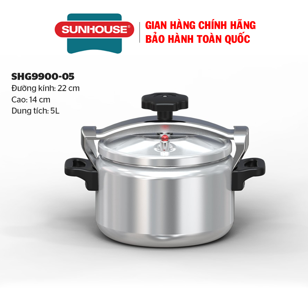 Nồi áp suất 5 lít - 6 lít, nồi áp suất nhôm sunhouse, thiết kế 3 van cân bằng áp suất, đảm bảo an toàn khi nấu, dùng với bếp ga và bếp hồng ngoại, không dùng trên bếp điện từ.
