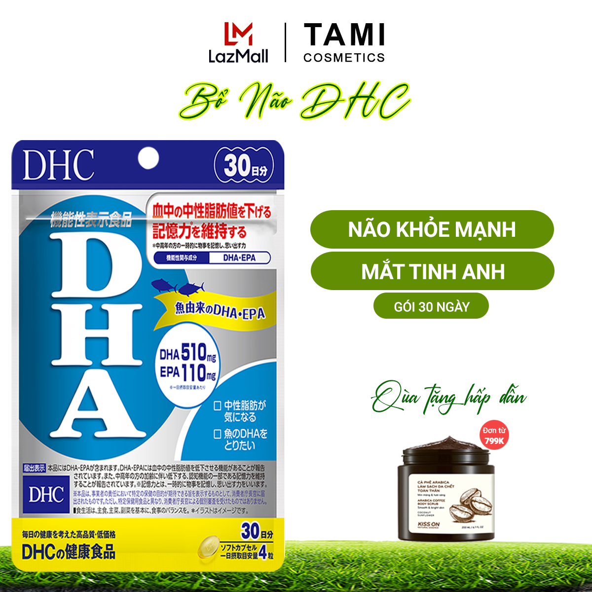 Viên uống bổ não DHC Nhật Bản thực phẩm chức năng bổ sung Omega 3, DHA, EPA phát triển não bộ, cải thiện thị lực đồng thời duy trì trí nhớ gói 30 ngày TA-DHC-DHA30