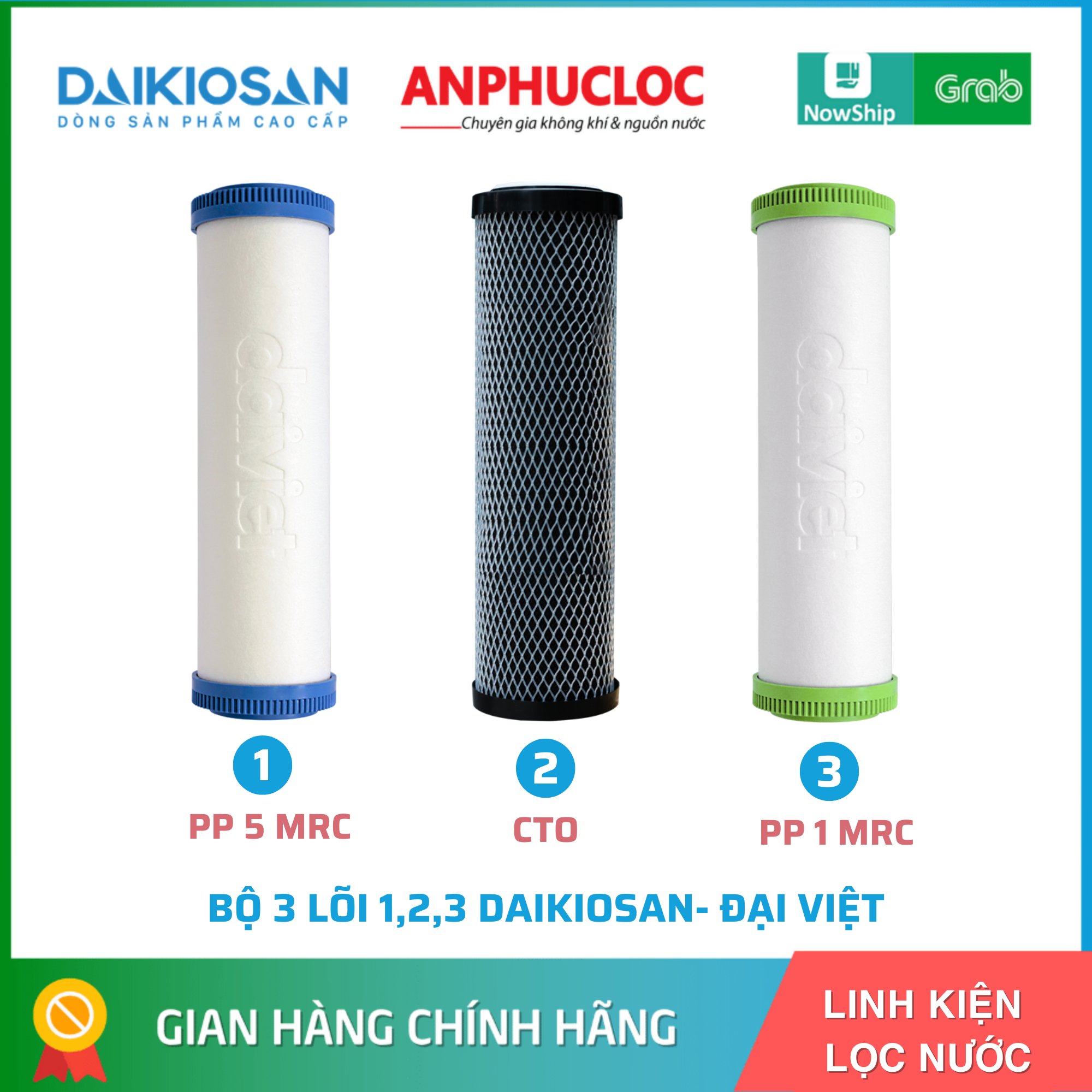 Bộ 3 lõi lọc nước Daikiosan Đại Việt PP-CTO-PP chính hãng dùng cho máy lọc nước RO