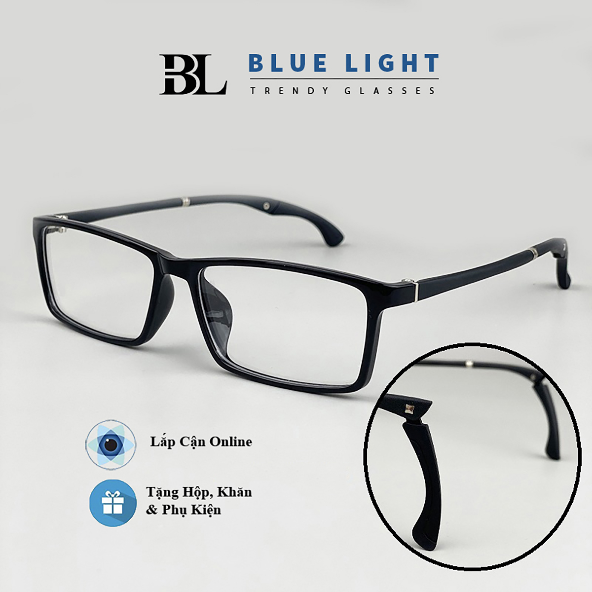 Gọng Kính Cận Kính Giả Cận Nam Nữ Thể Thao Đuôi Kính Gập Mắt Vuông Gọng Nhựa Đen Bóng Hàn Quốc - BLUE LIGHT