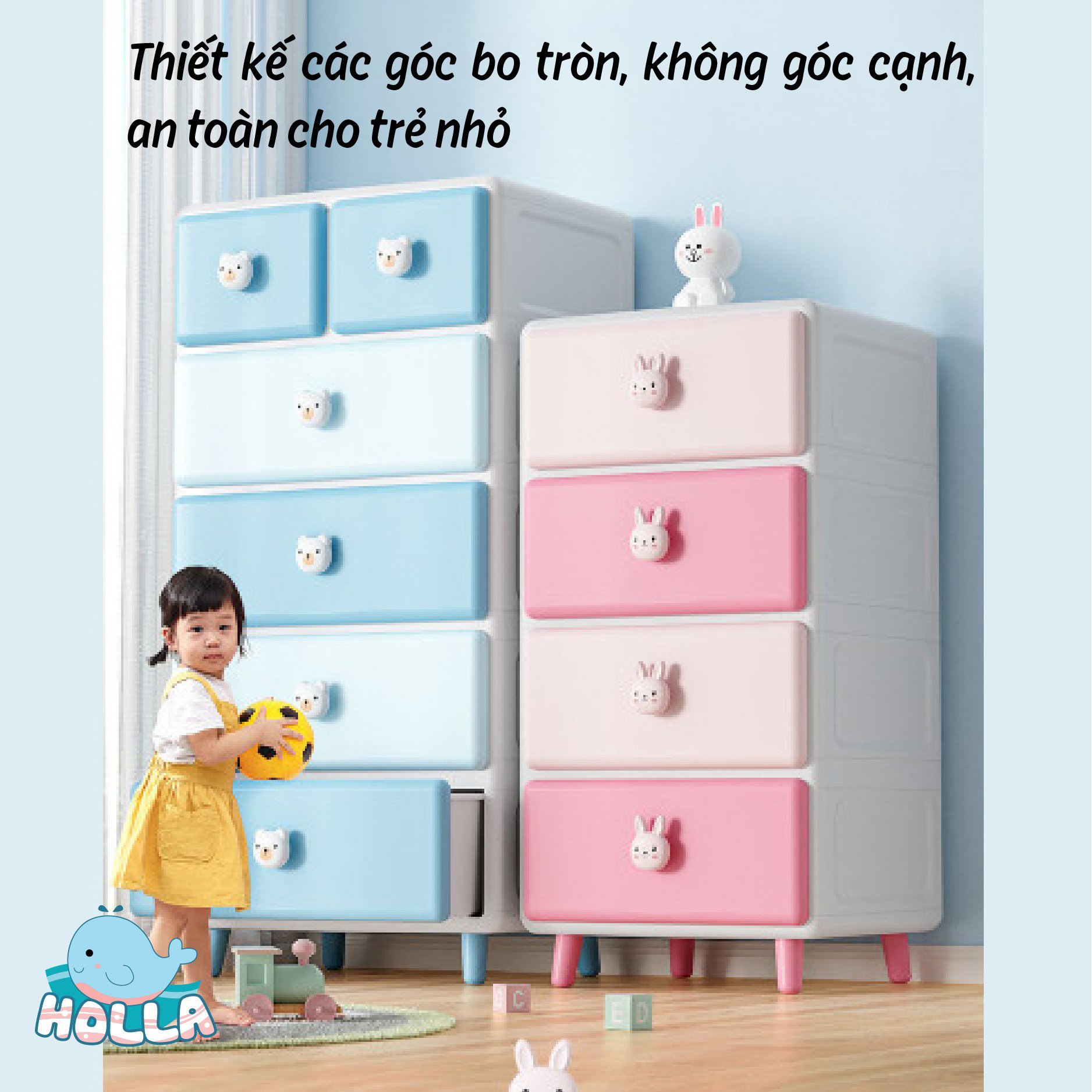Tủ đa năng gấu thỏ 5 tầng cho bé, tủ đứng ngăn kéo, tủ đựng đồ cho bé sơ sinh chắc chắn, dễ thương