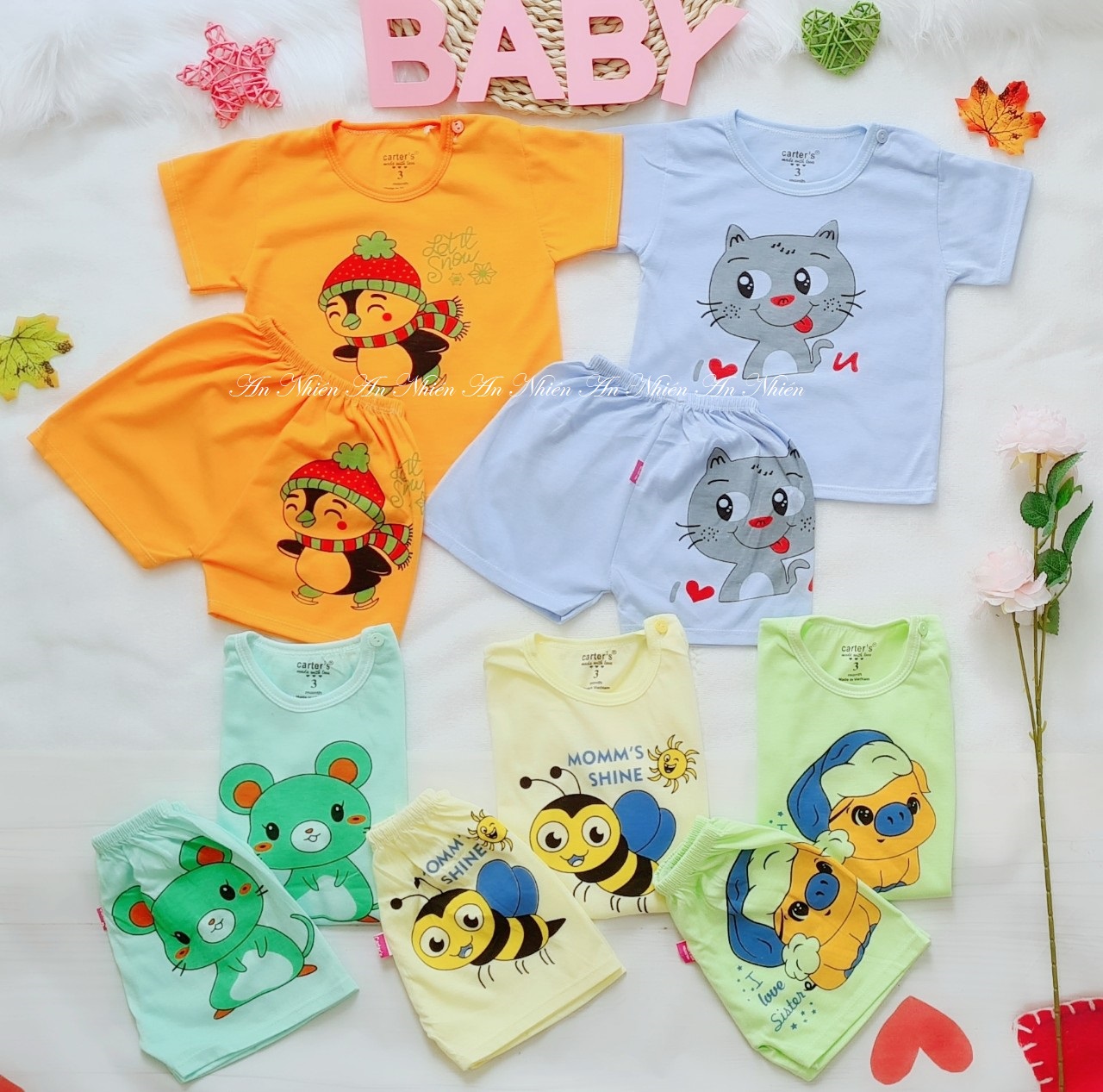 Set 5 bộ quần đùi áo cộc tay hình mèo chuột chất liệu cotton 2c cho bé trai bé gái 3-15