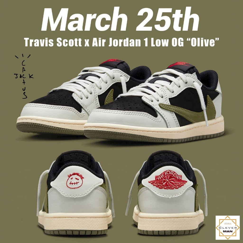 ☾☾♠ Giày Thể Thao Travis Scott x Air Jordan 1 Low Olive Màu Trắng Kem Đen Clever Man Store