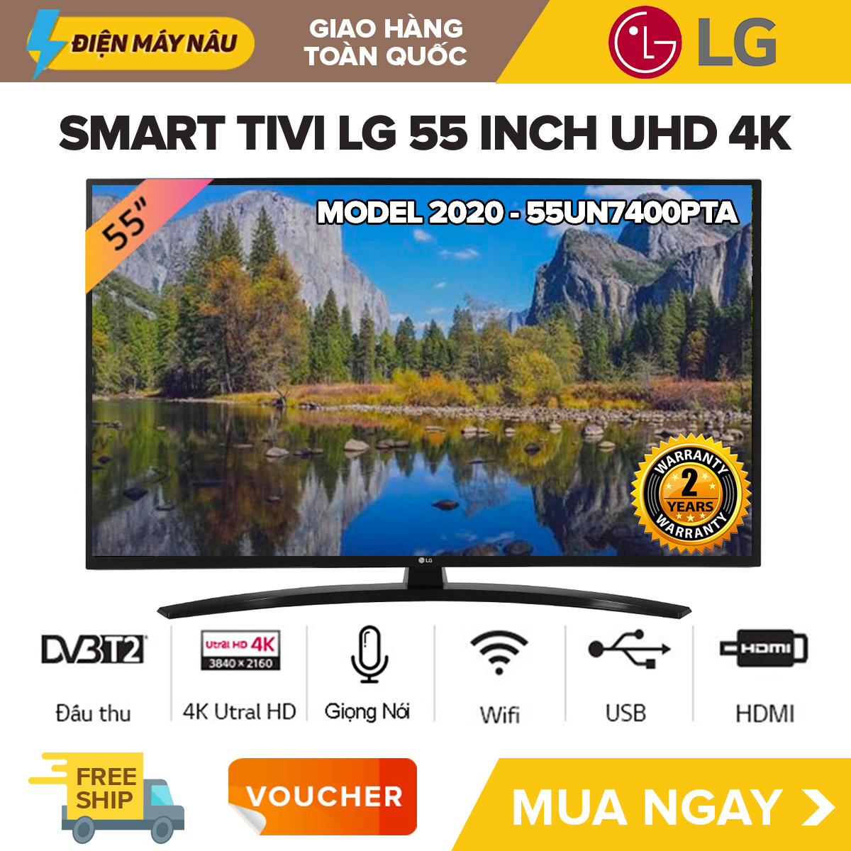 [TRẢ GÓP 0%] Smart Voice Tivi LG 55 inch UHD 4K - Model 55UN7400PTA Tìm kiếm giọng nói Chiếu màn hình điện thoại WebOS Smart TV AI ThinQ Ultra Surround Bluetooth 5.0 Tivi Giá Rẻ - Bảo Hành 2 Năm