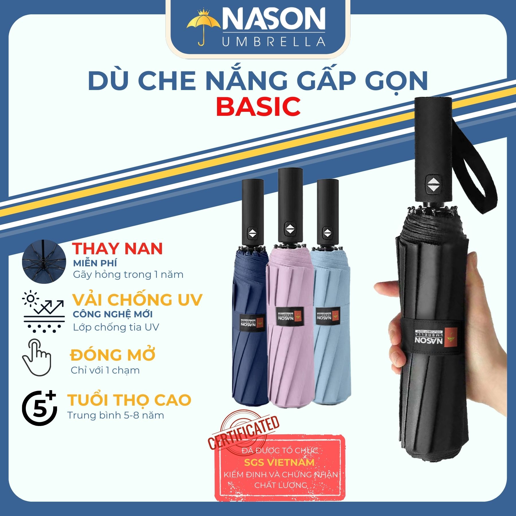 Ô dù che mưa che nắng chống UV Basic Nason Umbrella 8 nan đóng mở tự động gấp nhỏ gọn cầm tay
