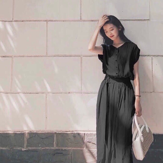 Đầm đen cổ trụ kèm belt - Đầm nữ dự tiệc dạo phố dễ thương