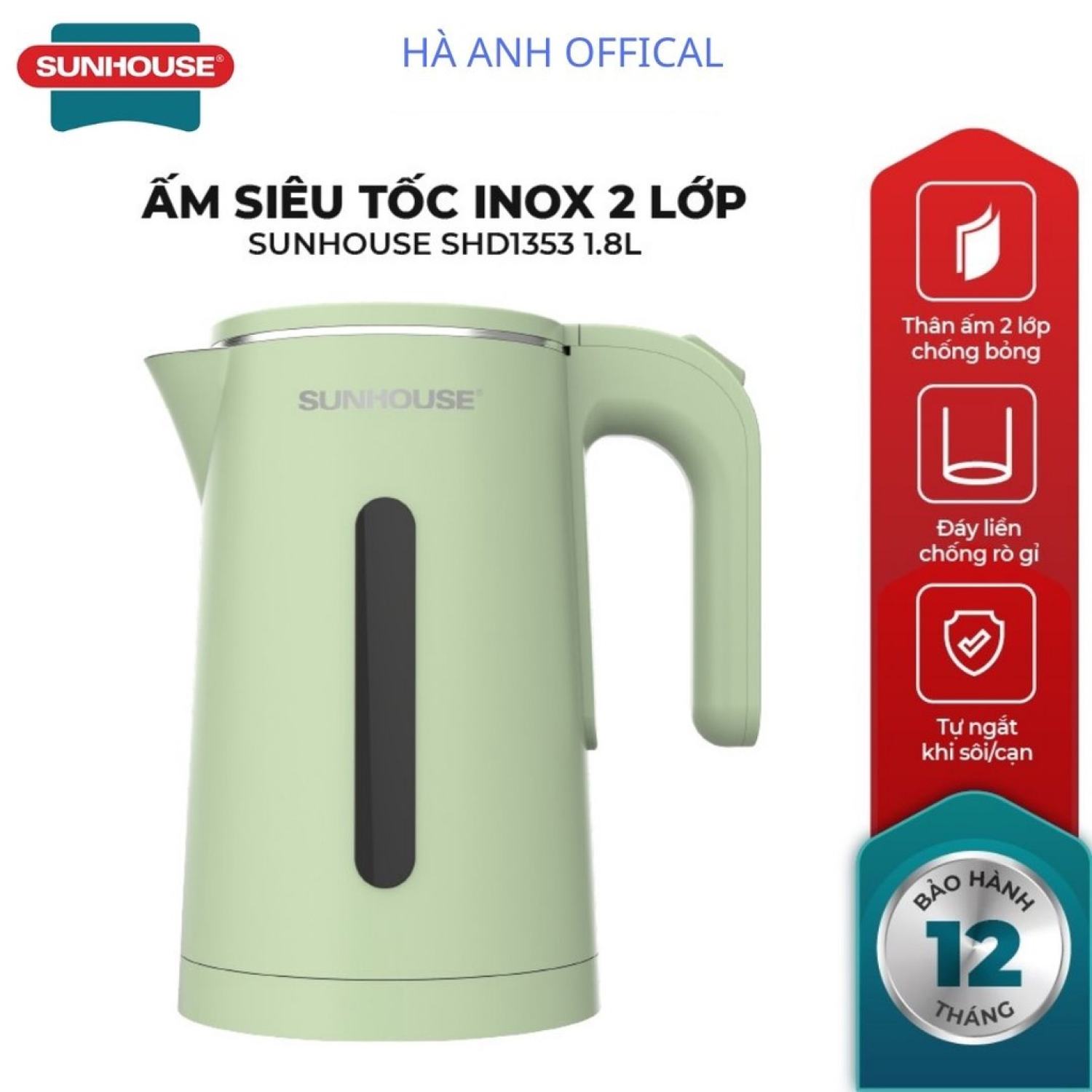 Ấm đun siêu tốc sunhouse 2 lớp dung tích 1.8l shd1353