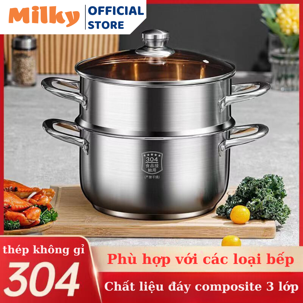 Nồi hầm, nồi hấp đa năng, nồi hầm kèm xửng hấp có thể tháo rời, nồi hấp 28cm chất liệu inox 304 cách nhiệt an toàn