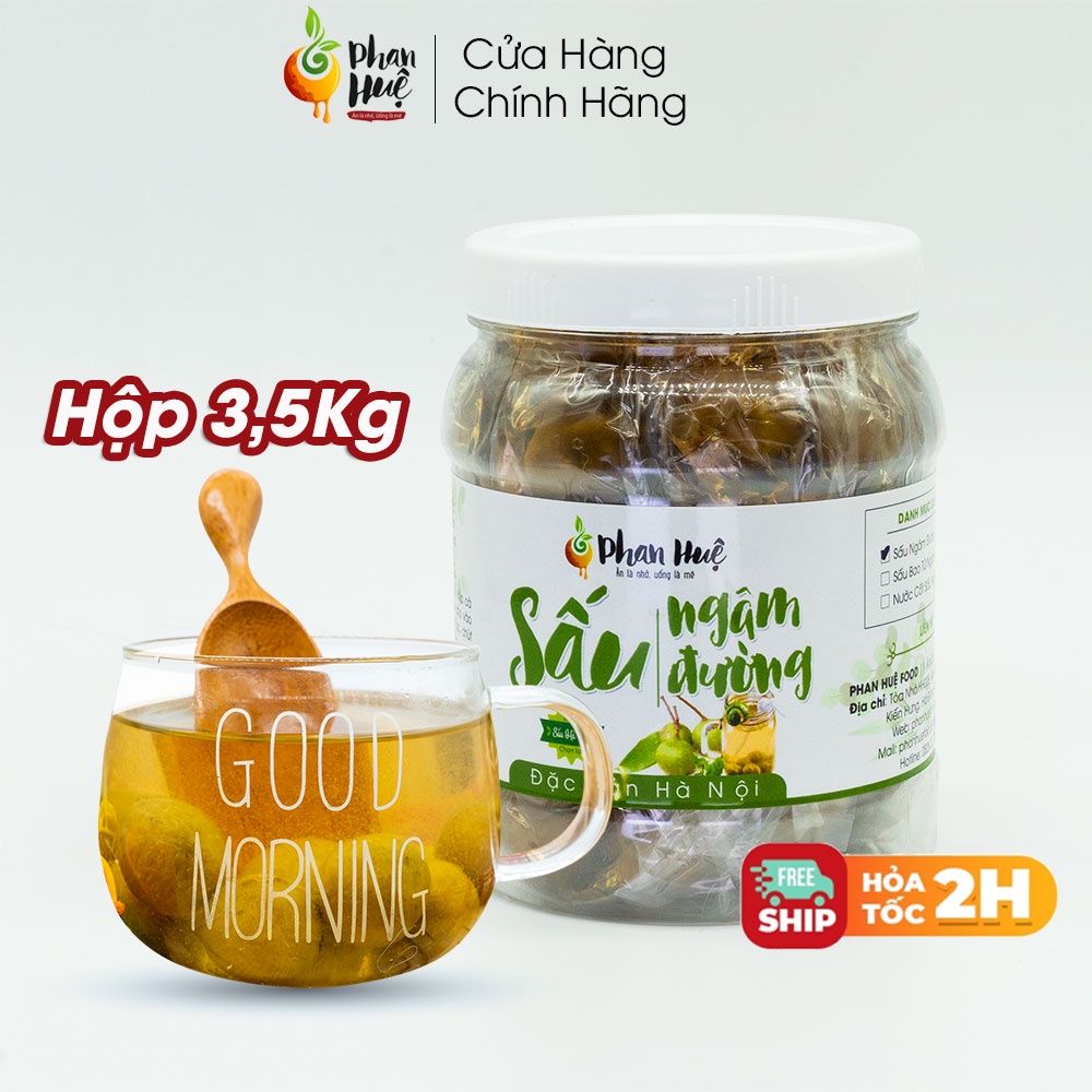 Sấu ngâm đường Phan Huệ hộp 3,5kg. Vị chua ngọt, thơm nhẹ gừng. Đặc sản Hà Nội. Uống là mê