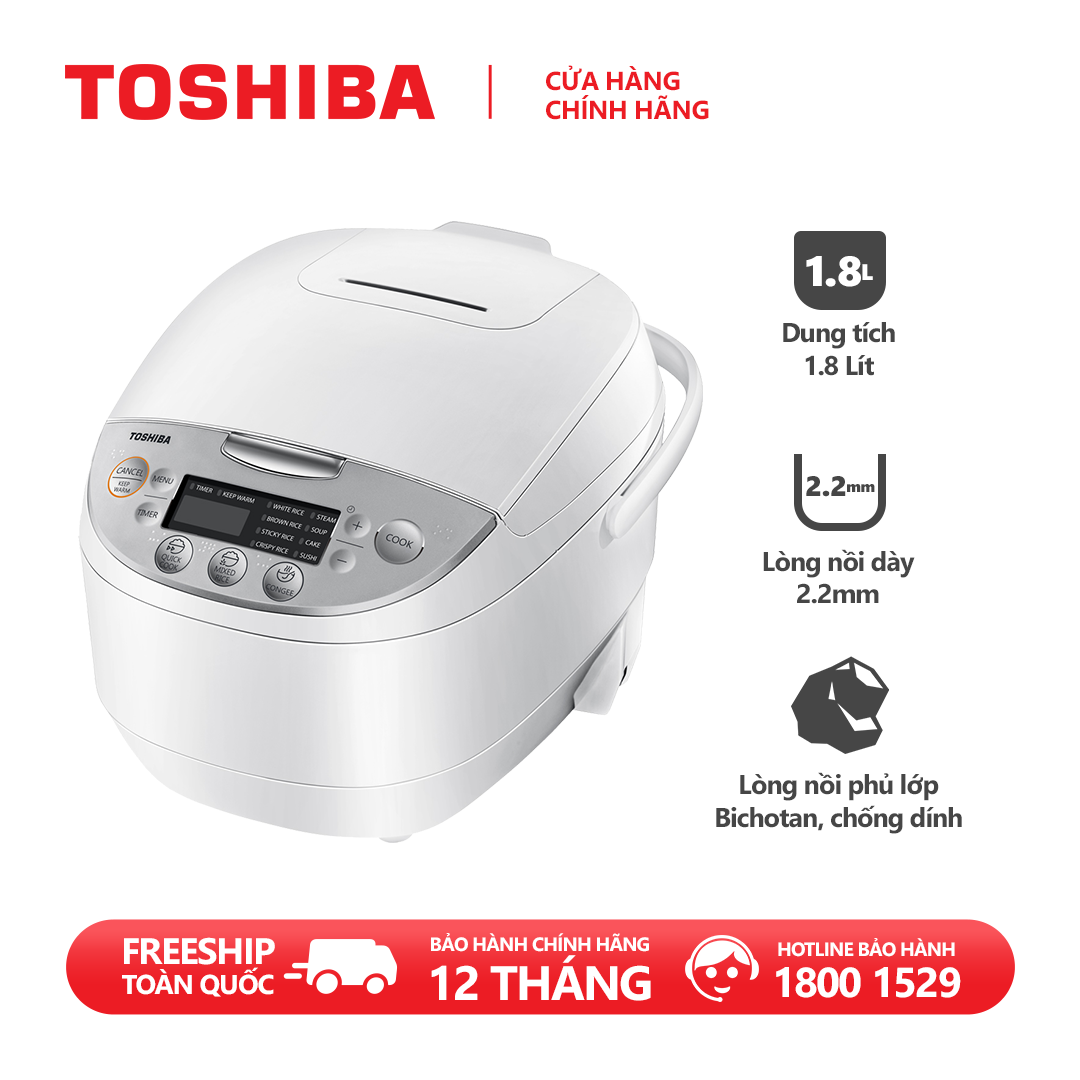 Nồi cơm điện tử Toshiba RC-18DH2PV(W) - 1.8L - Phù hợp 4-6 người - Lòng nồi dày 2.2mm, chống dính - 11 chương trình nấu tự động - Hàng chính hãng, bảo hành 12 tháng, chất lượng Nhật Bản