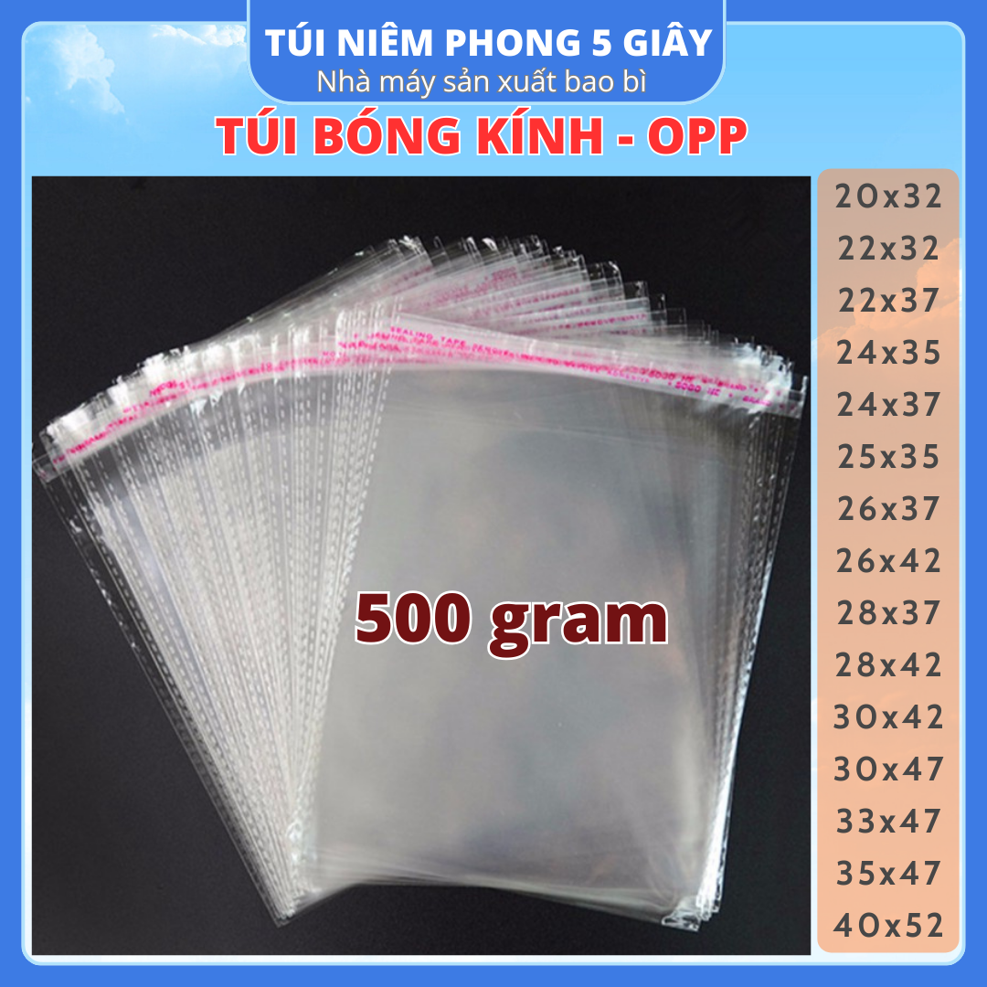0,5 Kg Túi Nilon Keo Dán Miệng OPP Trong Suốt, Bọc Kiếng, Đóng Gói, Đựng Phụ Kiện, Quần Áo – 5 Giây