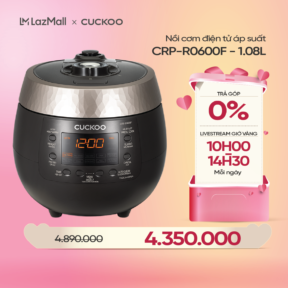 Nồi cơm điện tử áp suất Cuckoo 1.08 lít CRP-R0600F màu đen - lòng nồi chống dính cao cấp phủ Xwall Black shine -Sản xuất tại Hàn Quốc - bản Quốc Tế tiếng Anh - Hàng chính hãng Cuckoo Việt Nam