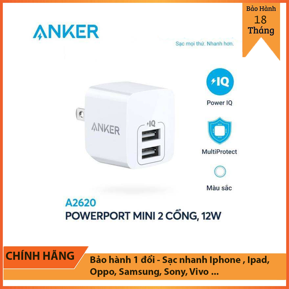 Cốc sạc anker powerport mini 2 cổng 12w - siêu nhỏ gọn - củ sạc anker 2 cổng anker a2620 - cam kết hàng chính hãng