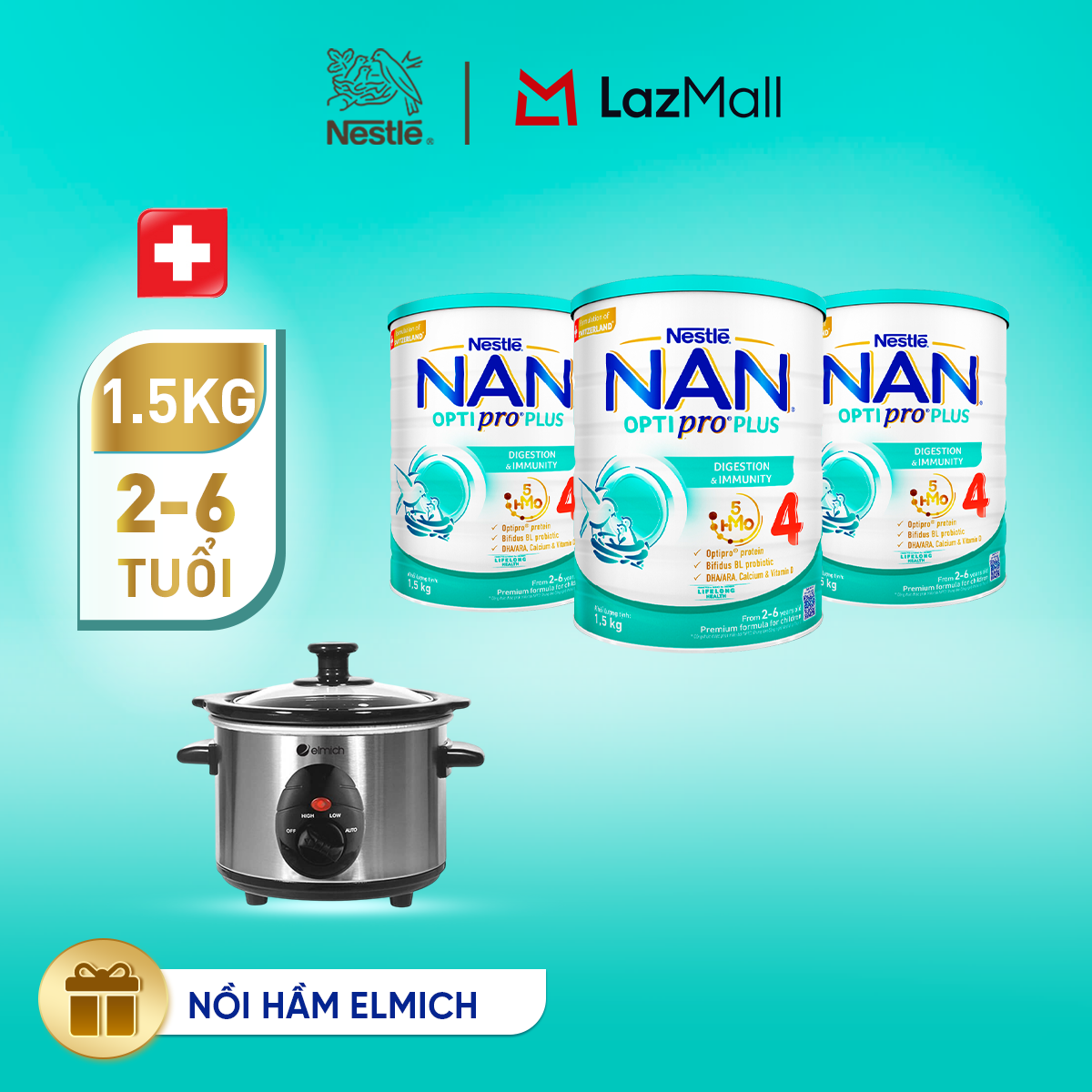 [Tặng Nồi hầm dinh dưỡng] Bộ 3 lon Sữa bột Nestlé NAN OPTIPRO PLUS 4 với 5HMO xuất xứ Thụy Sĩ - Hộp 1500g/lon với 5HMO Giúp tiêu hóa tốt + Tăng cường đề kháng