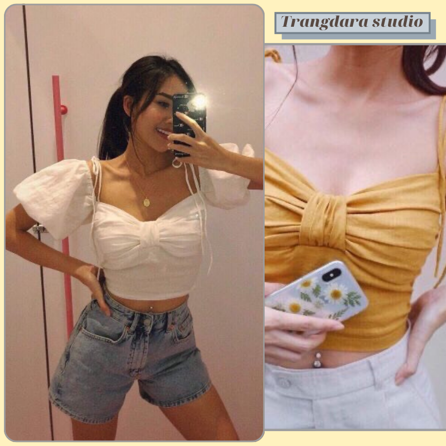 [HCM]Áo croptop nữ kiểu nhún cột nơ vai chất liệu linen xước màu trắng thích hợp cho các bạn nữ cá tính