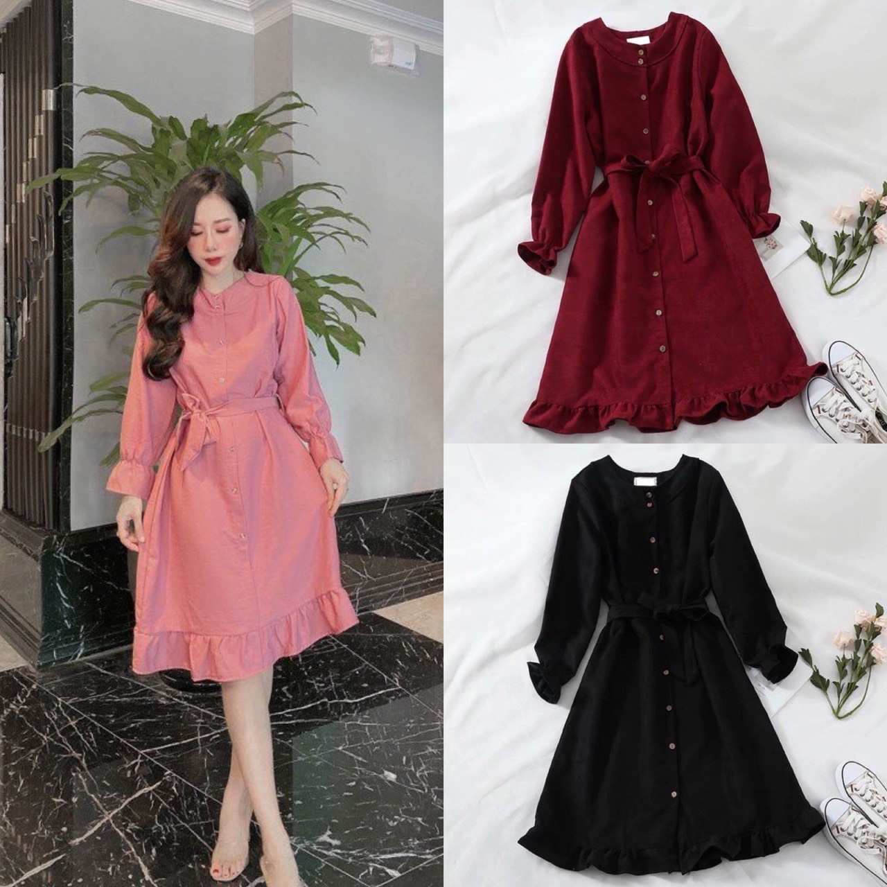 Đầm tiểu thư, váy công sở cổ đức dáng dài thắt eo chất nhung tăm ba màu thời trang