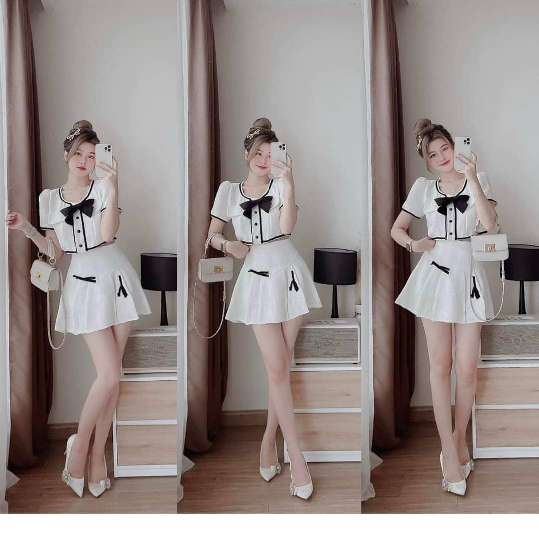 Set nữ kiểu dáng body tay ngắn thiết kế viền đen trắng sang trọng tinh tế thời trang HARI