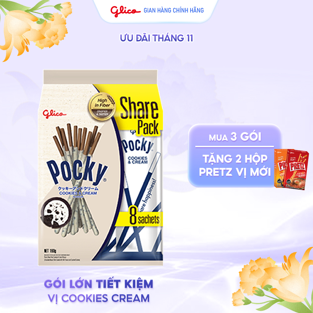  Gói lớn tiết kiệm - Bánh Que Pocky Kem Cookies & Cream  160g Túi 8 gói  
