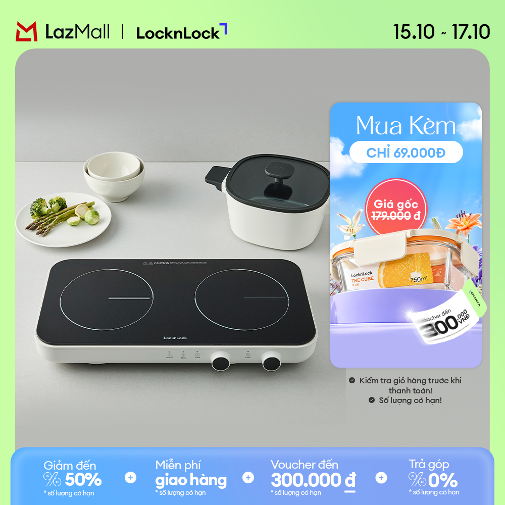 Locknlock Eji326Wht Double Induction Cooker - Compact, Glass Top, Safety Lock, Timer