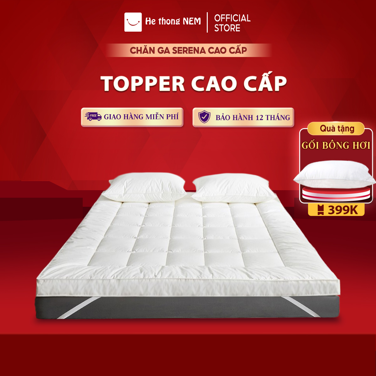 Topper nệm dày 5cm bông gòn SERENA cao cấp - tấm chăn lót đệm niệm topper toper nệm bông gòn trải sà