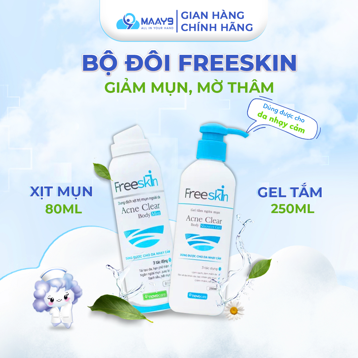 Combo Novocare Freeskin giảm mụn mờ thâm, giảm mụn lưng, mụn cơ thể, giảm viêm nang lông, giảm sưng mụn, dưỡng da