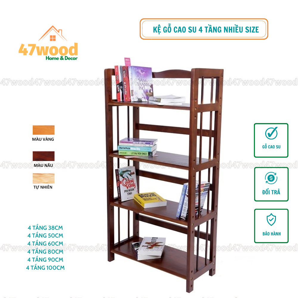 Kệ gỗ cao su 4 tầng gỗ cao su - Kệ sách bằng gỗ 47wood nhiều size