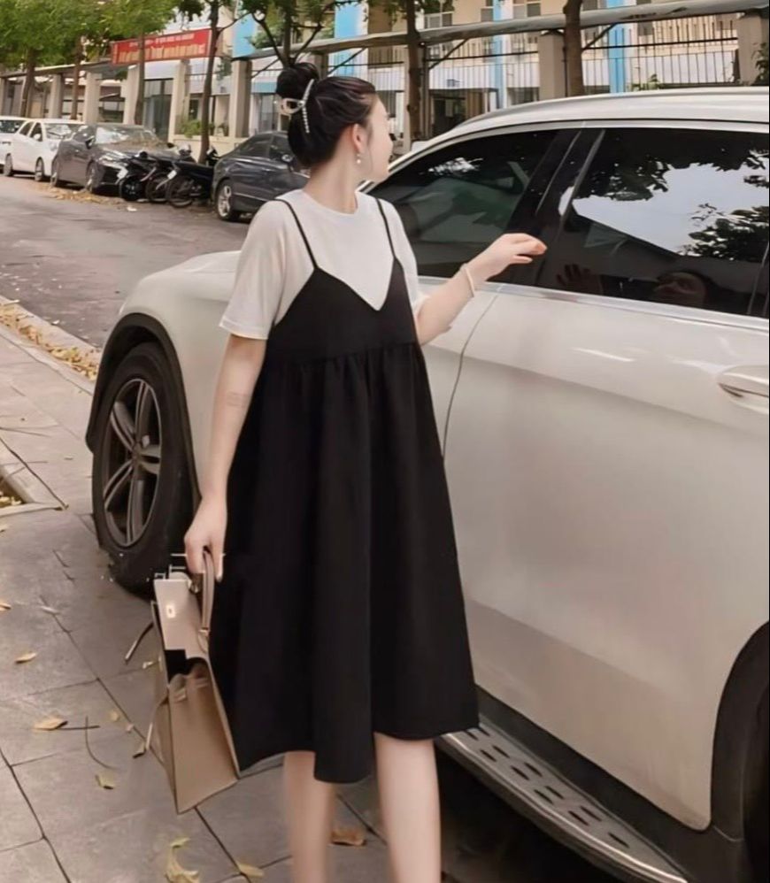 Váy bầu bigsize giả yếm dáng xoè chất lụa hàn