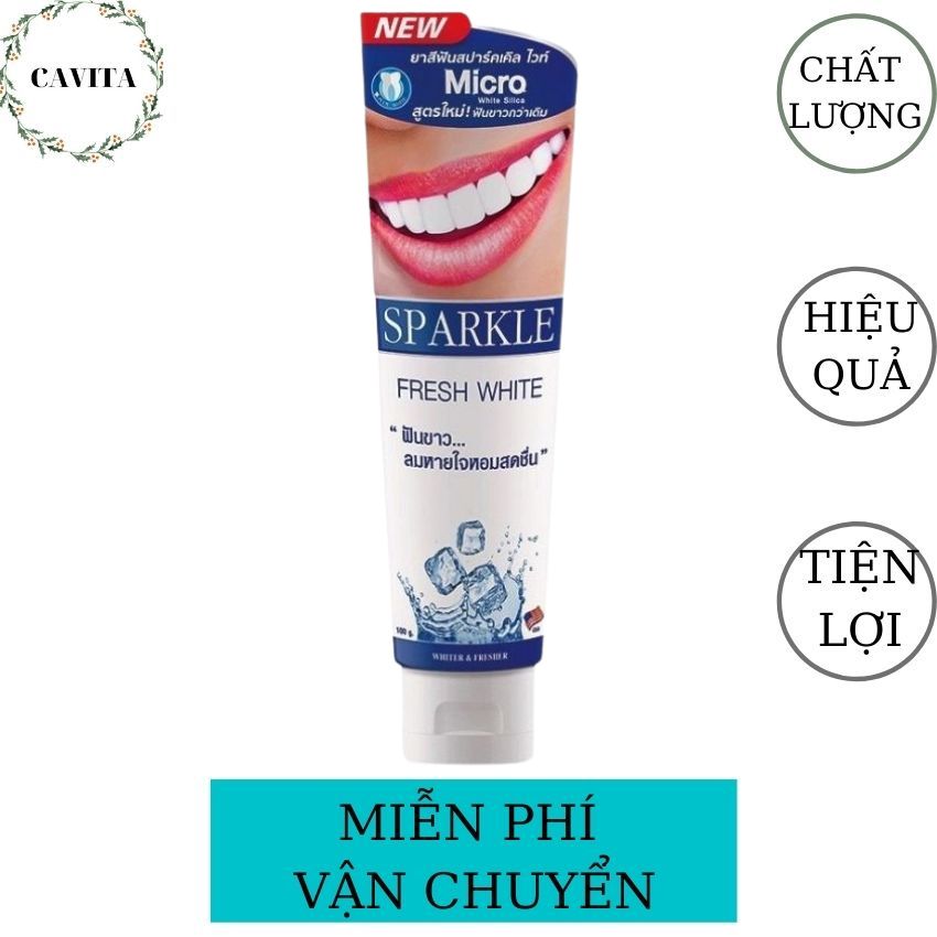[FreeShip] Kem Đánh Răng Siêu Trắng Sparkle Fresh White 100g Thái Lan CAVITA giúp loại bỏ các vết ố vàng do coffee, thuốc lá và khử mùi hôi miệng cho răng trắng sáng, hơi thở thơm mát, diệt sạch vi khuẩn, bảo vệ sức khỏe