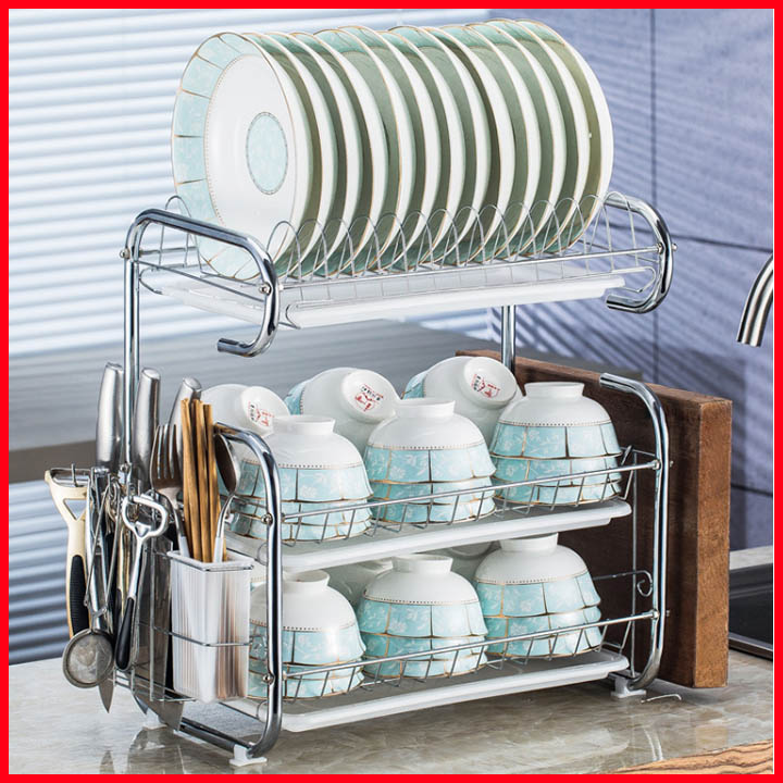 Kệ đựng chén bát, khung inox không gỉ cao cấp, kích thước 43x42x25cm, tích hợp khay hứng nước, ống cắm đũa thìa, khay để thớt, Giá úp chén bát inox 3 tầng, mẫu mã đẹp, chống xước, chống nước