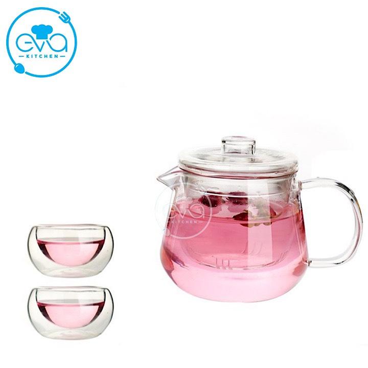 Bộ bình 2 chén trà thuỷ tinh hai lớp chịu nhiệt cao cấp