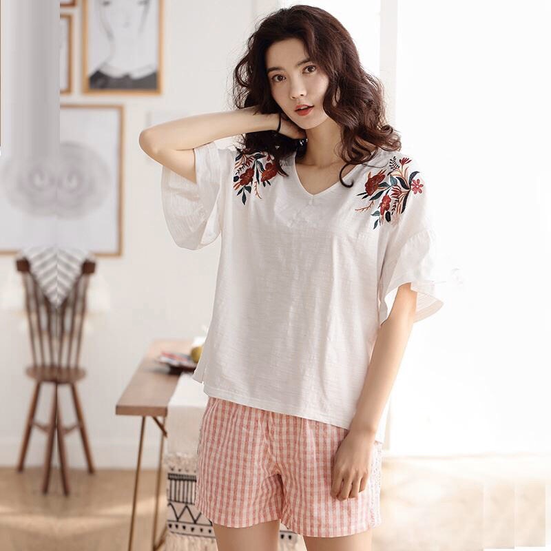 Bô short mặc nhà nữ mùa hè cotton áo trắng viền thêu hoa