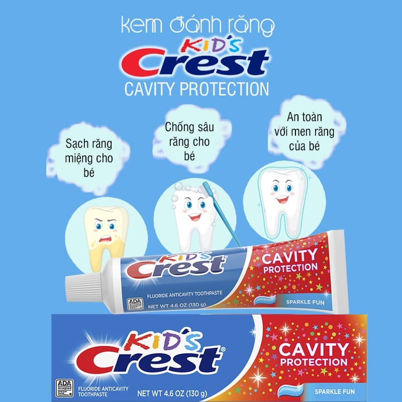 Kem đánh răng Crest Kid's Cavity Protection Sparkle Fun của Mỹ mỗi tupe 130gr