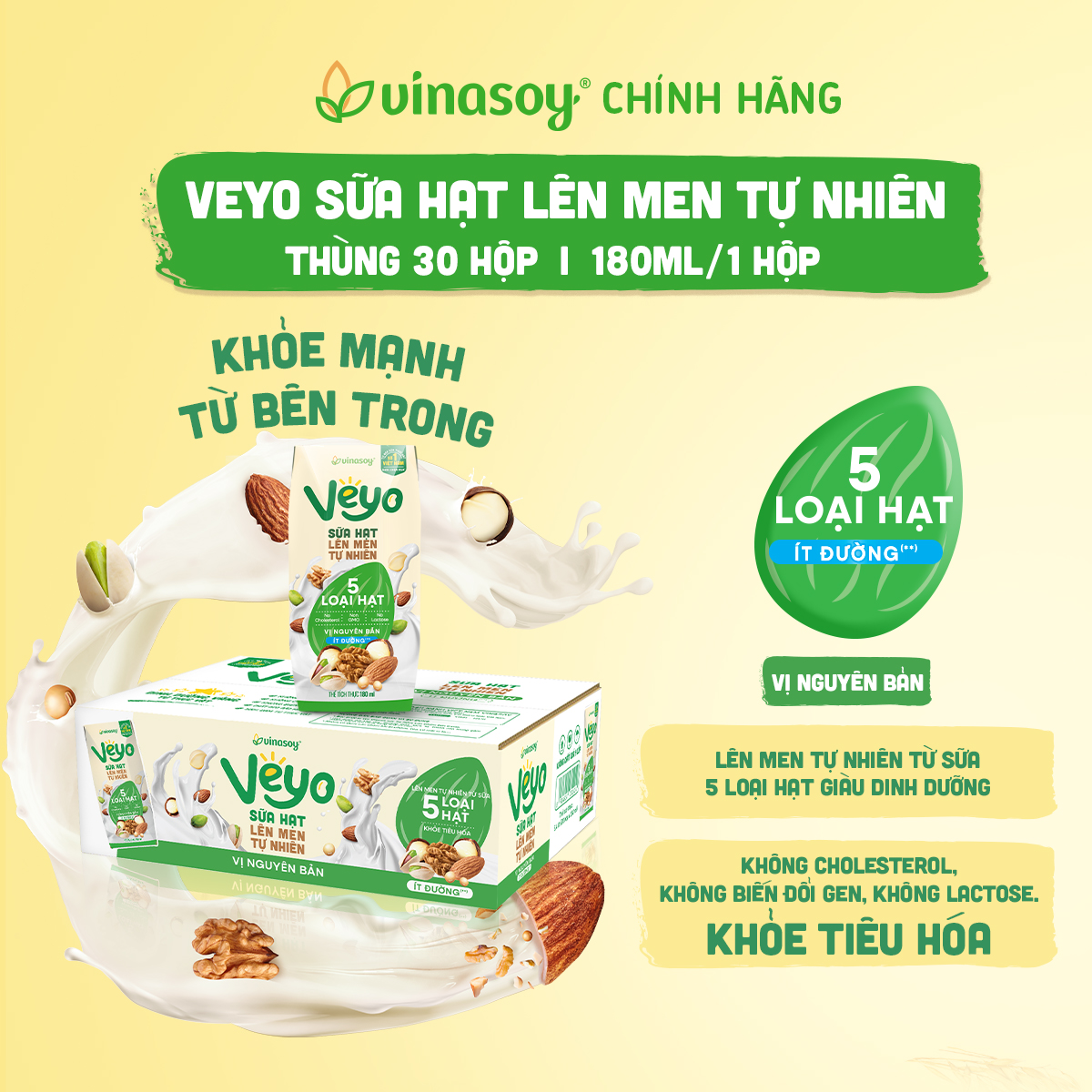 Thùng Veyo Sữa hạt lên men tự nhiên Vị Nguyên bản Ít đường (30hộp x 180ml)