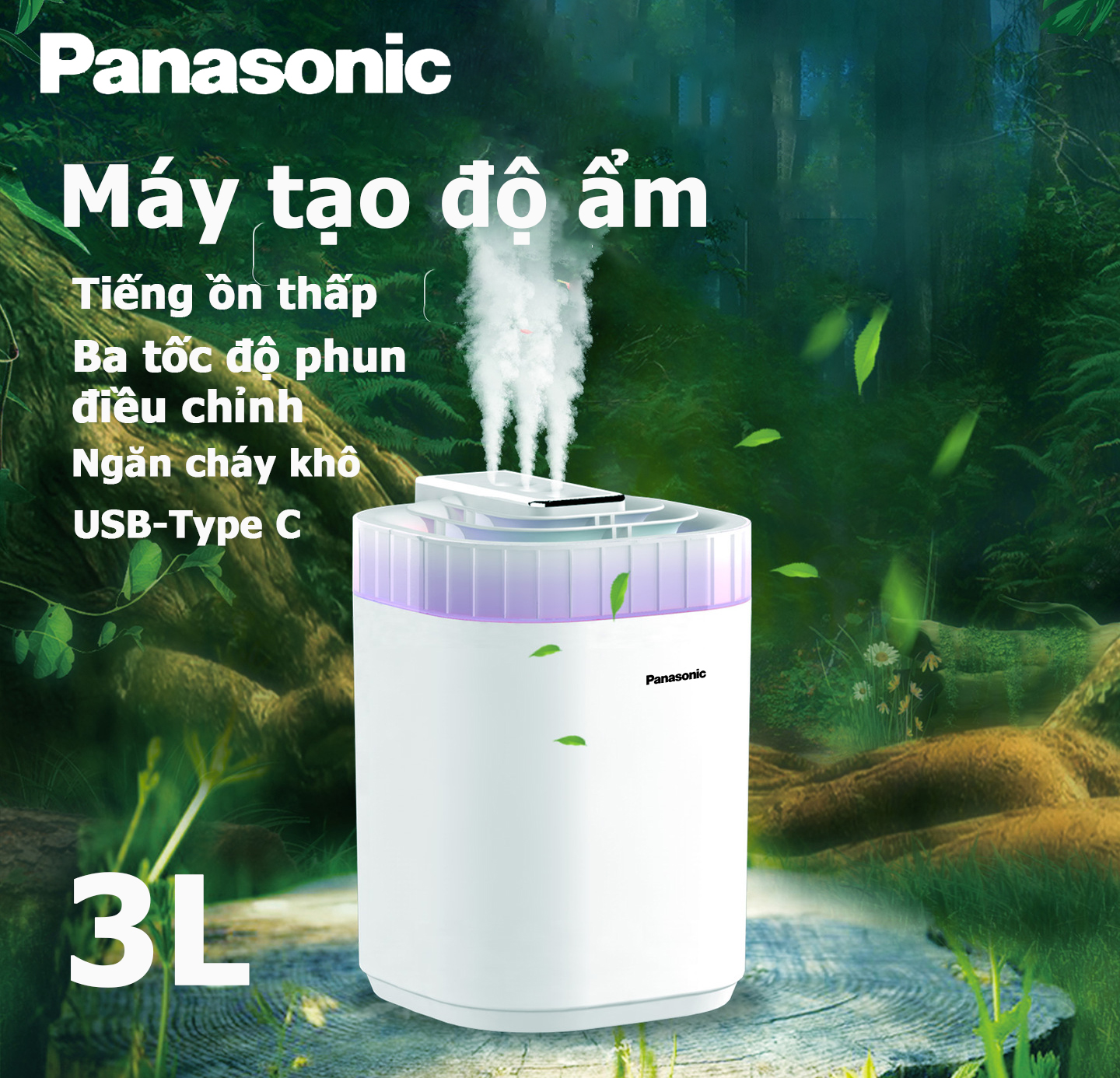 Panasonic Máy Phun Sương Mini Xông Tinh Dầu Tạo Độ Ẩm Không Khí Làm Mát Nhà Dung Tích 3L - phun sương tạo ẩm với ánh Sáng Xung Quanh Led - Làm Mát Cấp Tốc 3 Chế Độ,Thích Hợp Cho Văn Phòng/phòng Ngủ/phòng Khách