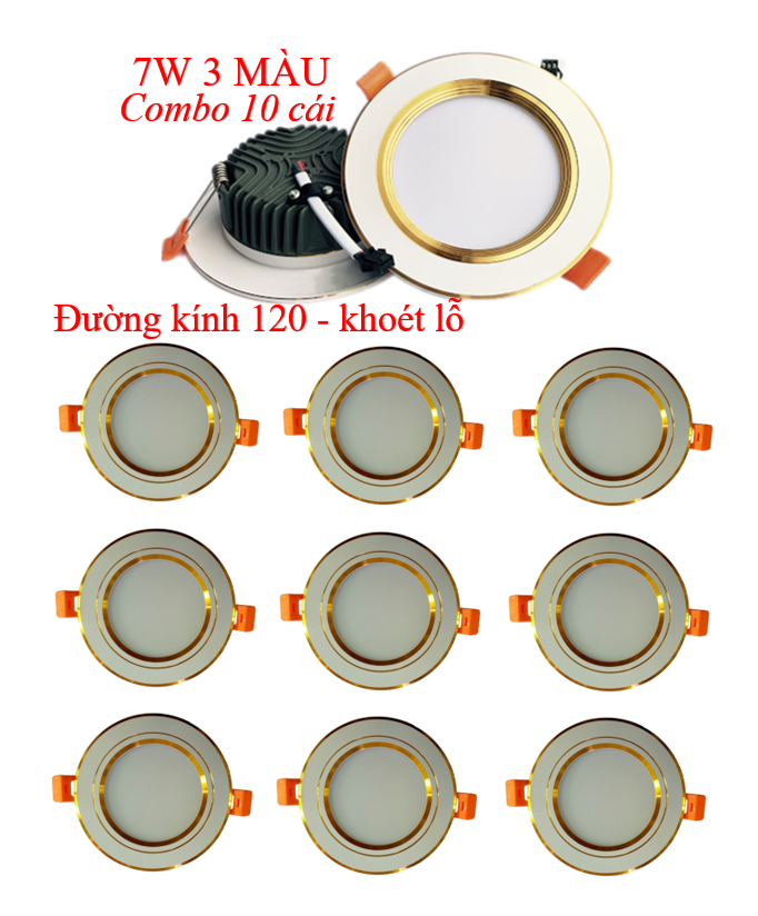 Combo 10 đèn led âm trần đúc nguyên khối viền vàng 7w 3 màu bh 2 năm