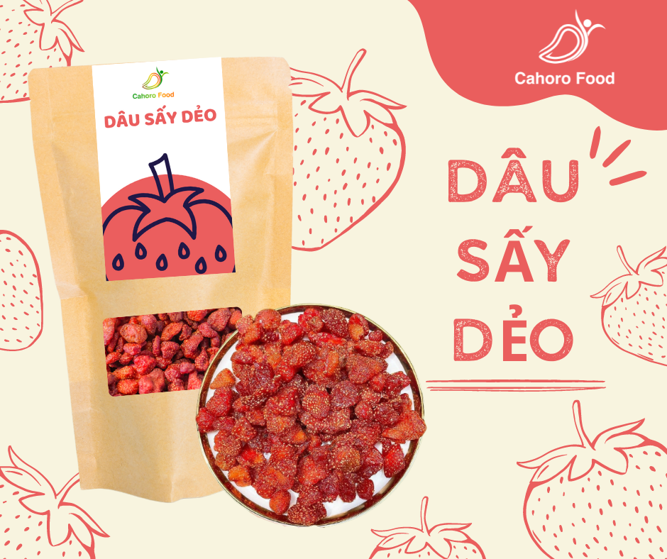 500 gram dâu tây sấy dẻo, dâu sấy dẻo ít đường, trái cây sấy dẻo, cam kết đổi trả, cahoro food