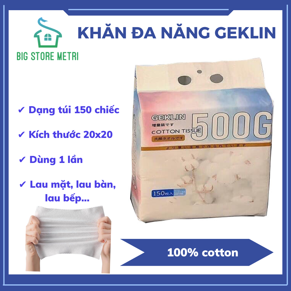 Khăn lau đa năng Geklin túi 150 tờ 20 x 20cm. Khăn mặt khô, khăn tẩy trang dùng cả cho da nhạy cảm