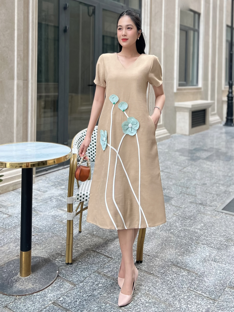 MS110 Đầm dáng suông cho nữ vải linen gân phối cây hoa 3D lạ mắt - KHÁNH LINH STYLE